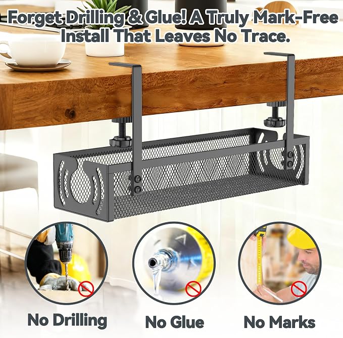 Cable Management, 15'' Under Desk Cable Management Tray No Drill, Metal Cable Organizer with Clamp for Wire Management, Cord Organizer for Home Office, Desk Accessories Organizer, Black - Image 4