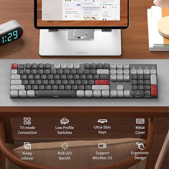 Camiysn Wireless RGB Mechanical Keyboard Moon104 Triple Mode 2.4GHz/BT/USB-C Wired Office Keyboard for Computer/Desktop/PC/Laptop/Surface/Smart TV and Windows 10/8/7（Red Switches）
