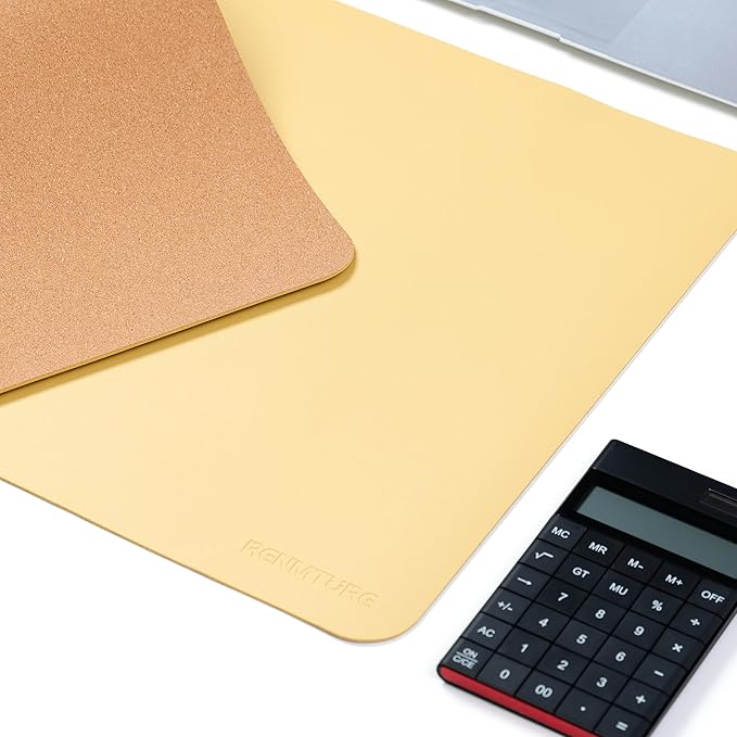 RENMTURE Desk Pad, Cork & PU Leather Desk Mat, Large Mouse pad, Non-Slip Desk Protector and Blotter, Waterproof Writing Pad, Desk Accessories and Organizers for Home Office (Light Yellow, 32"x16")