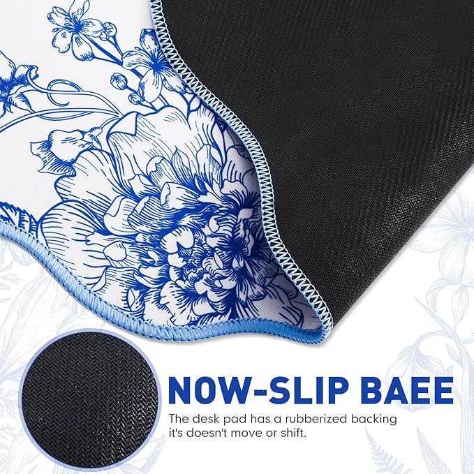 Kingdder Scalloped Desk Mat Large Blue and White Floral Chinoiserie Mouse Pad 31.5" x 15.7" Aesthetic Vintage Nonslip Rubber Base Keyboard Pad for Laptop Computer Dorm Home Office Gaming