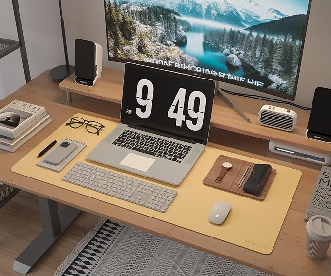 RENMTURE Dual-Sided Large Desk Pad, Faux Leather Natural Cork Mouse pad, Desk Accessories Protector, for Office and Home Work (Light Yellow, 36"x17")