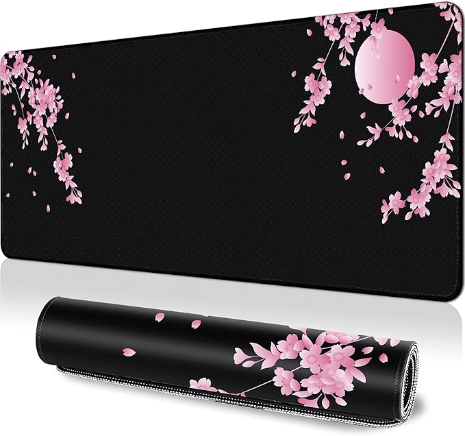 Japanese Cherry Blossom Gaming Mouse Pad XL, Black Desk Mat Large Mouse Pad Long 31.5x11.8in, Extended Big Desk Pad Pink Flower Mousepad with Non-Slip Base and Stitched Edges for Work Gaming Office