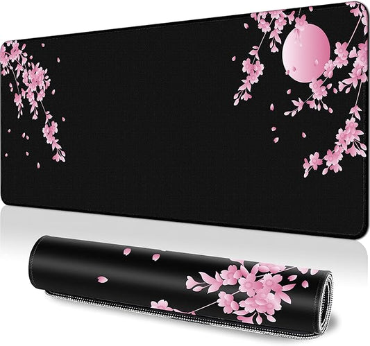 Japanese Cherry Blossom Gaming Mouse Pad XL, Black Desk Mat Large Mouse Pad Long 31.5x11.8in, Extended Big Desk Pad Pink Flower Mousepad with Non-Slip Base and Stitched Edges for Work Gaming Office