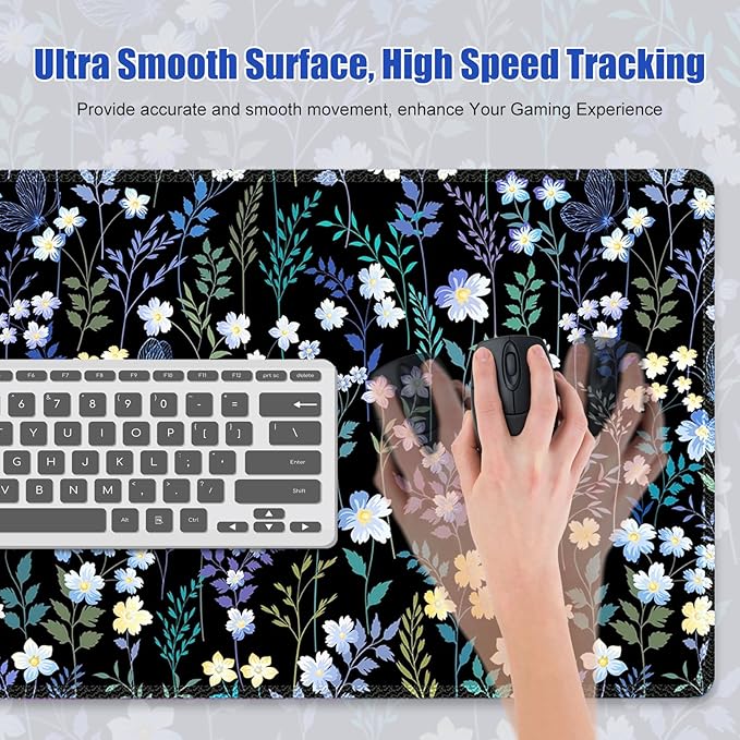 Desk Matt for Desktop, Desk Pad Mat, DeskMat for Keyboard and Mouse, XXL Large Mouse Pad for Desktop, Anti-Slip Big Mousepad with Stitched Edges, Mouse Pad for Computer Laptop Women,Wildflower Meadow