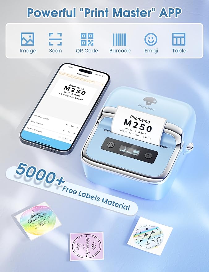 Phomemo M250 Label Maker, 3" Thermal Barcode & Address Printer - Portable Label Maker for School, Business, Home & Logos, Sticker Printer Compatible with Phones & PCs, with 100 Labels, 40x30mm