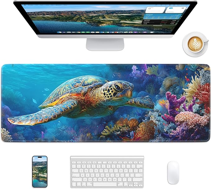 Turtle Mouse Pad, 31.5 x 11.8 Large Desk Mat with Stitched Edges & Non-Slip Base, Mousepad for Office, Home, Work, Sea Turtle