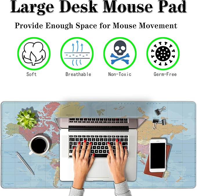 Desktop Mat World Map Full Desk Mouse Pad, Office Gaming Mousepad Large Mousepad, Computer Pad Non-Slip Rubber Base Waterproof with Stitched Edges, 35.4 X 15.7 in for Work/Game/Office/Home