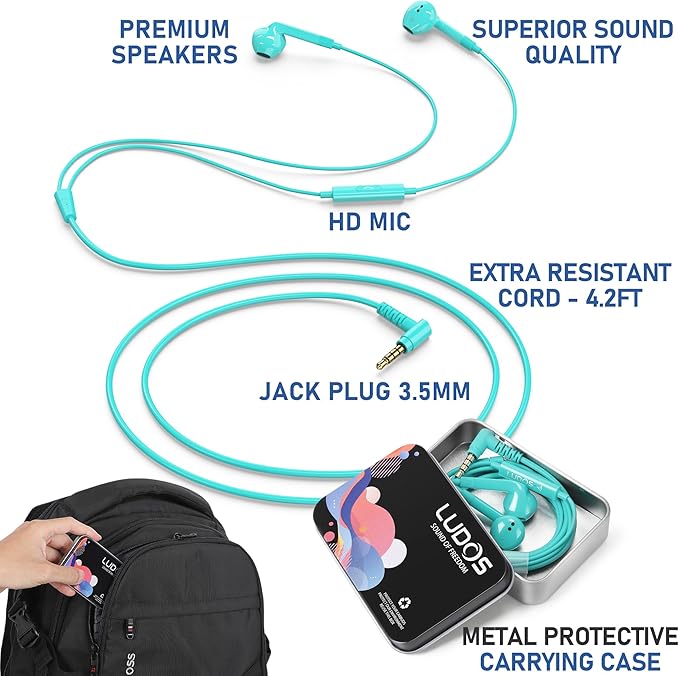 LUDOS FEROX Wired Earbuds in-Ear Headphones, 5 Year Warranty, Earphones with Microphone, Noise Isolation Corded for 3.5mm Jack Ear Buds for iPhone, Samsung, Laptop, Kids, School Students - Turquoise