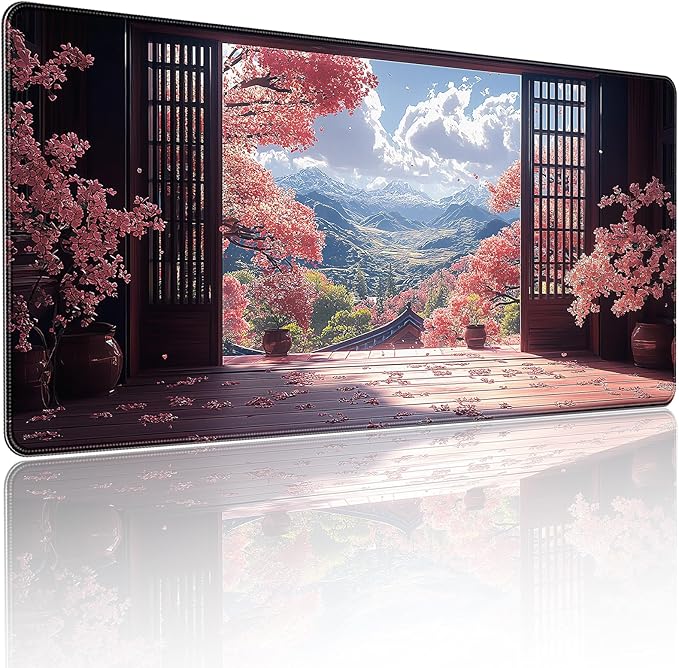 Extended Gaming Mouse Pad, Japanese Cherry Blossom Mountain Design, 35.4 x 15.7 Inches, Microfiber Cloth, Non-Slip Rubber Base, Stitched Edges