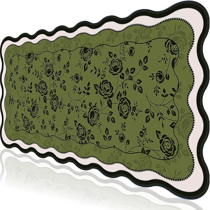 L-SPOUTTO Green Floral Mouse Pad,Aesthetic Desk Mat XXL Large Scalloped Gaming Mousepad,35.4x15.7in Non-Slip Keyboard Pad Waterproof Desktop Mat for Laptop Computer Work Game Office-Vintage Roses