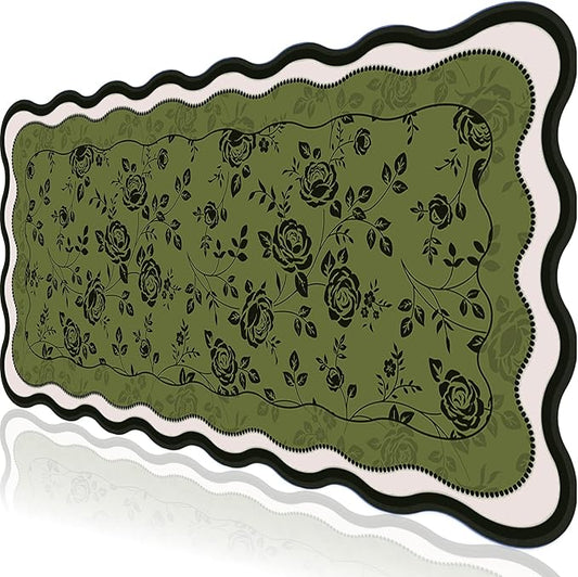 L-SPOUTTO Green Floral Mouse Pad,Aesthetic Desk Mat XXL Large Scalloped Gaming Mousepad,35.4x15.7in Non-Slip Keyboard Pad Waterproof Desktop Mat for Laptop Computer Work Game Office-Vintage Roses