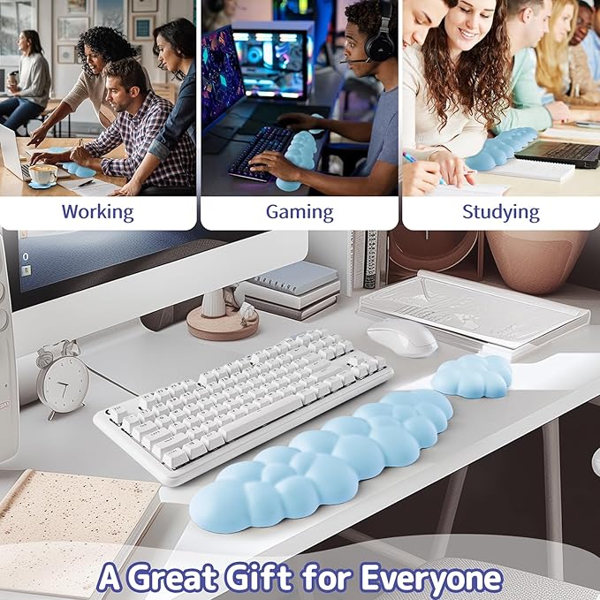 Sushret Cloud Wrist Rest Keyboard, Cloud Keyboard Wrist Pad Set with PU Leather Memory Foam, Cute Arm Rest for Palm Support, PC/Gaming Desk Accessories/Office Setup/Computer Hand Cushion - Blue