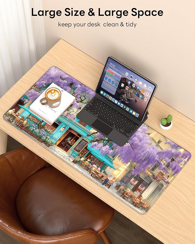 XL Gaming Mouse Pad, 31.5x15.7'' Large Desk Mat with Anti-Slip Rubber Base & Stitched Edges for Gaming, Office, Home - Wisteria Cafe