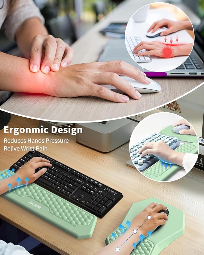 Ergonomic Mouse Pad and Keyboard Wrist Rest Support Set, Massage Design Mousepad for Carpal Tunnel Pain Relief, Memory Foam, Non-Slip PU Base for Computer Desk, Green