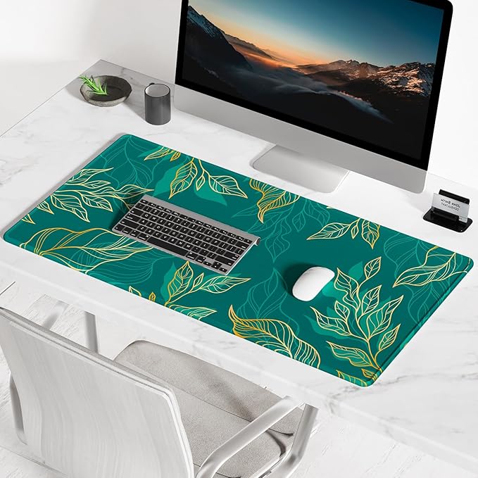 BOSOBO Large Mouse Pad, XXL XL Extended Gaming Mouse Mat, Desk Mat for Office & Home, Long Keyboard Mat, Huge Desktop Full Cover 31.5 x 11.8 Inches, Artistic Luxury Leaves Green