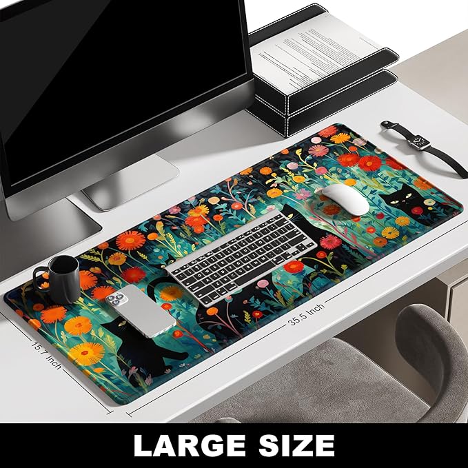 BOSOBO Large Mouse Pad, Desk Pad, XXL XL Extended Gaming Mouse Pad, Desk Mat for Office & Home, Long Keyboard Mat, Huge Mouse Pad, Desktop Full Cover 35.5 x 15.7 Inches, Black Cat and Folwers