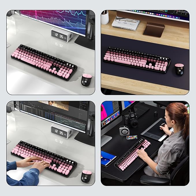 Wireless Keyboard and Mouse Combo, 2.4 GHz Wireless Full-Sized Typewriter Keyboard with Round Keycaps for Windows, Computer, Desktop, PC, Laptop (Pink)