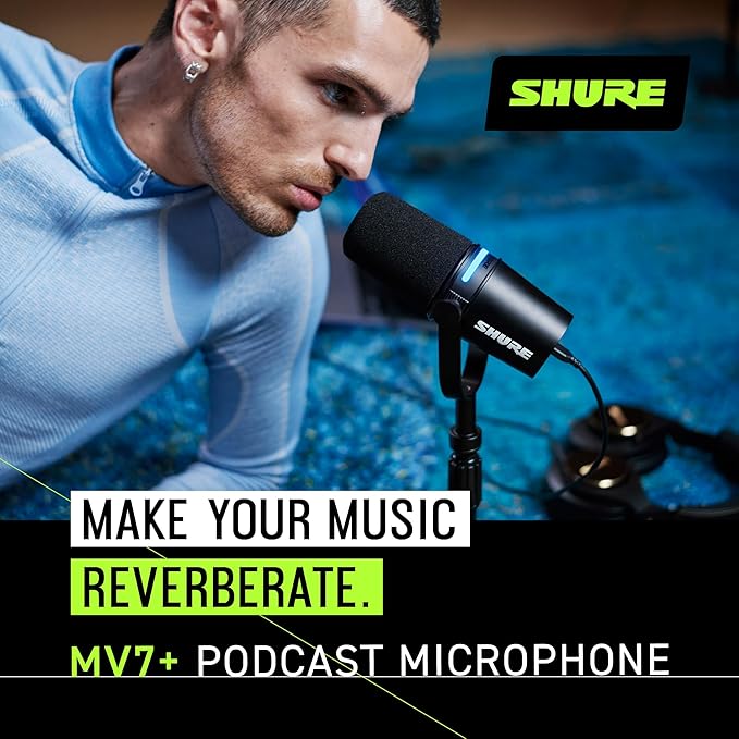 Shure MV7+ Podcast Dynamic Microphone with Stand – OBS Certified, Enhanced Audio, LED Panel, USB-C & XLR Outputs, Auto Level Mode, Digital Pop Filter – for Podcasting, Streaming, and Recording, Black