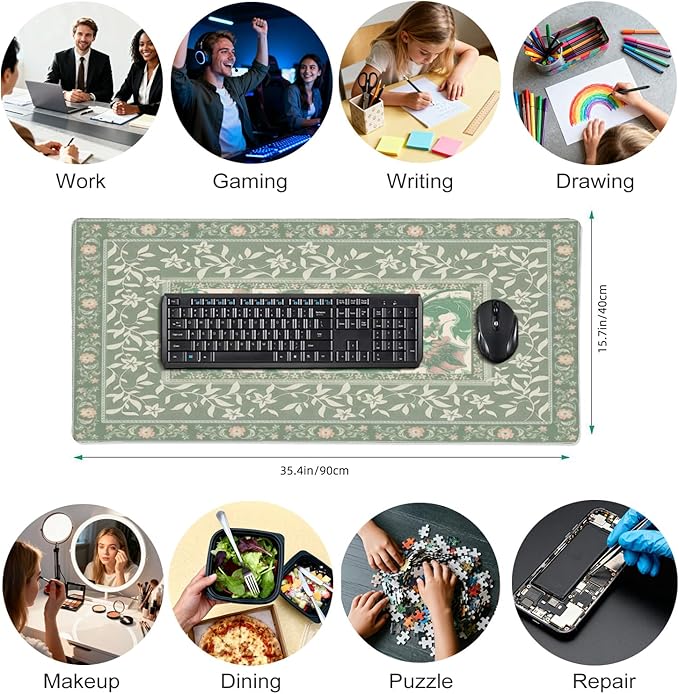 Sage Green Floral XXL Desk Pad Mat - Extra Large Mouse Pad with Anti-Slip Base & Stitched Edges for Women, Office, Home Desktop Computer Keyboard, Aesthetic Office Decor Supplies