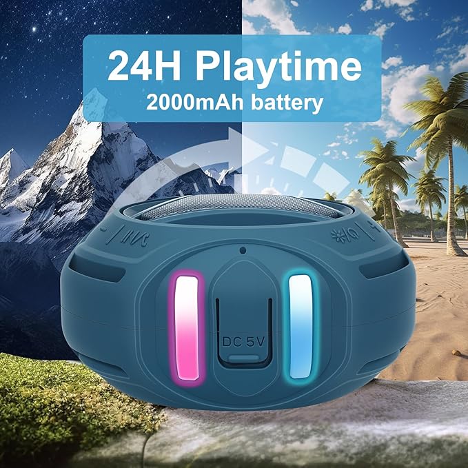 Portable Bluetooth Speaker, IPX7 Waterproof Shower Speaker, Wireless Outdoor Speakers, Floating, Built-in Mic, 24H Playtime with LED Lights, Loud HD Sound, Powerful Bass, Gifts for Unisex - Blue