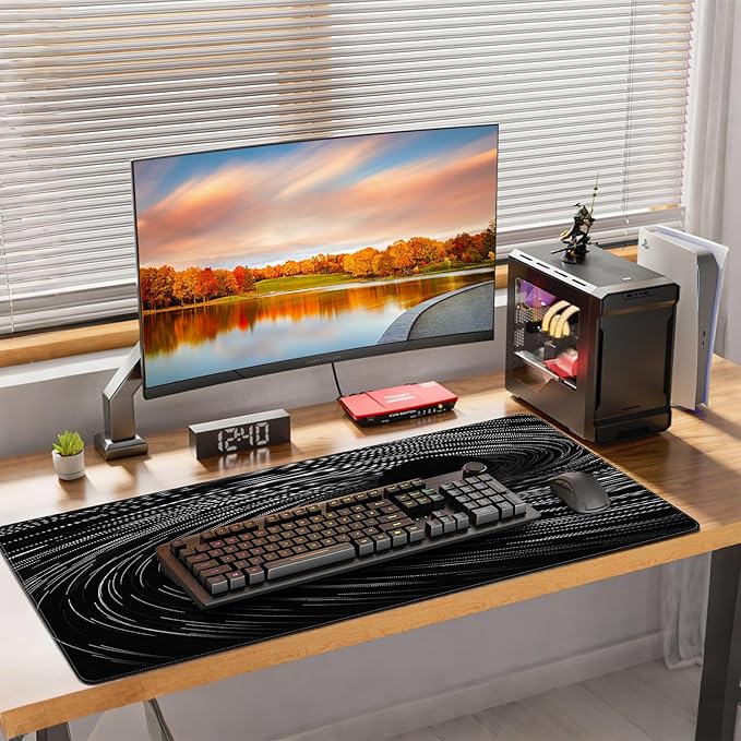 Extended Mouse Pad, Black Abstract Swirl Design, 35.4 x 15.7 Inches, Microfiber Cloth Surface, Rectangular Desk Mat with Non-Slip Rubber Base