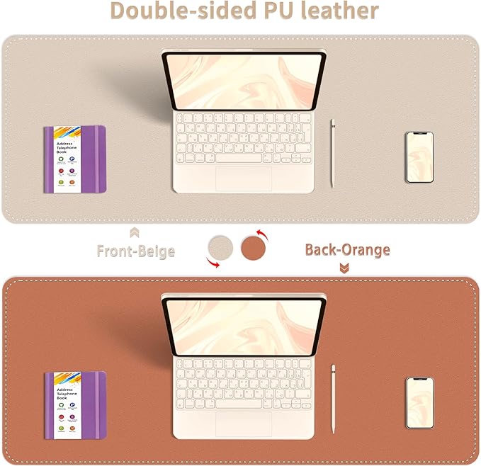 Bleswin Double-Sided Desk Mat, 23.6''×13.8'', PU Leather Mouse Pad, Waterproof Desk Pad, Laptop Leather Desk Mat, Protector for Keyboard and Mouse for Office and Home (Beige+Orange)