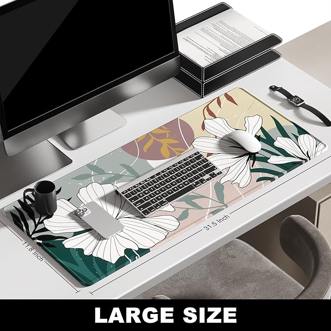 BOSOBO Large Mouse Pad, Desk Pad, XXL XL Extended Gaming Mouse Pad, Desk Mat for Office & Home, Long Keyboard Mat, Huge Mouse Pad, Desktop Full Cover 31.5 x 11.8 Inches, Modern Style Blue Flowers
