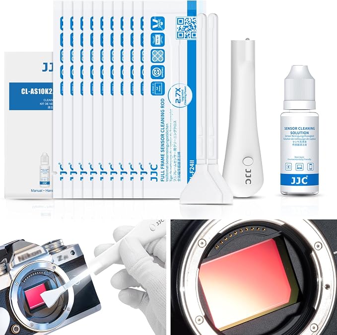 Upgraded Camera Sensor Cleanning Kit with Bright Built in Light Cleaner Handle & 10PCS 24MM Full Frame Sensor Cleaning Swabs & Sensor Cleaning Solution for Full-Frame Sensor CCD and CMOS Sensors Clean by JJC
