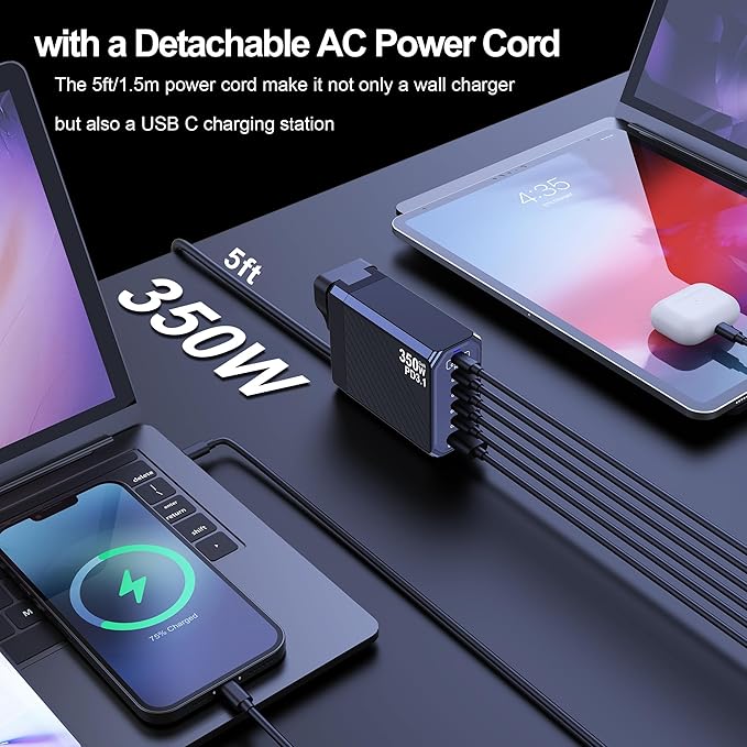 350W USB C Charger, 6-Ports PD3.1 140W Fast Charging Station, GaN Foldable Charger Block for MacBook Pro/Air, iPad, iPhone 17 16 Pro Max, Galaxy S25/S24 Ultra and More