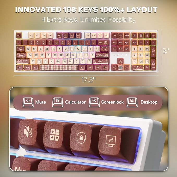 Redragon K668 Xmas Wired Gasket RGB Gaming Keyboard, 108 Keys Mechanical Keyboard w/Extra 4 Hotkeys, Upgraded Hot-swappable Socket, Sound Absorbing Foam, Christmas Gingerbread Man Themed Cute Keycaps