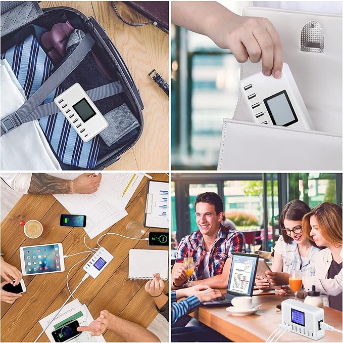 60W 12A 8-Port USB Charging Station - Multi Port USB Hub Charger with LCD Display - Compatible with iPhone, iPad, Samsung, Kindle, Tablet, Bluetooth Earbuds and More