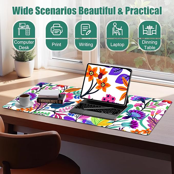 Colorful Flowers Desk Matt for Desktop, Mouse Pad Mat, Desk Mat for Keyboard and Mouse, XXL Large Mouse Pad for Desk, Anti-Slip Big Mousepad with Stitched Edges, Mouse Mat for Computer Laptop Women