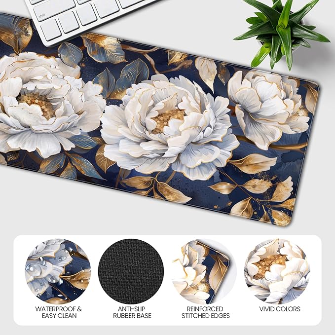 Extended Gaming Mouse Pad, Floral Peony Design, Navy Blue White and Gold, 35.4 x 15.7 Inches, Non-Slip Rubber Base, Stitched Edges