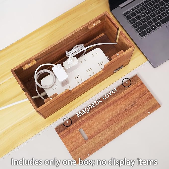 Cable Management Box, Acacia Wood Cord Hider Organizer for Power Strips, TV, Desk & Floor Wires, Under Desk Cable Storage Box for Office & Home - Image 3