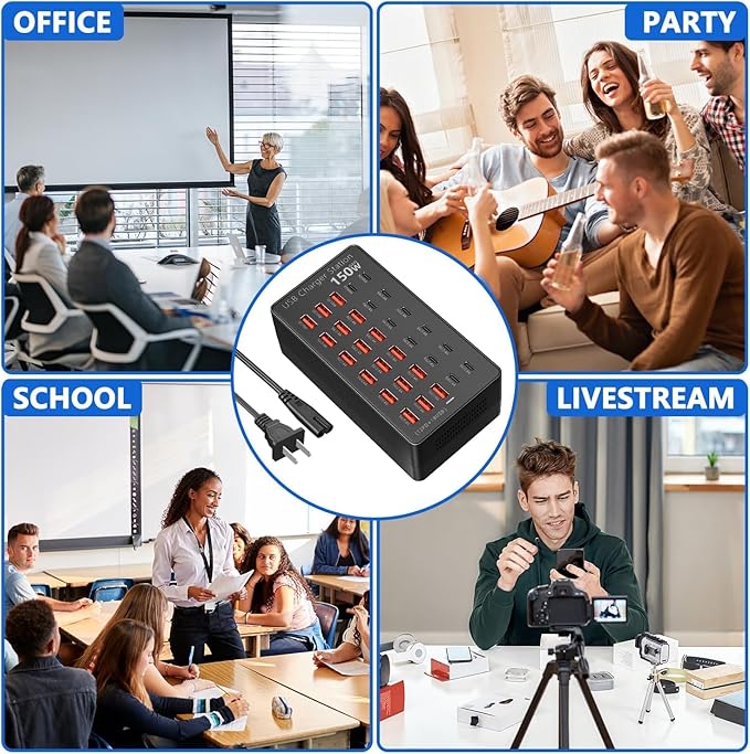 USB Charging Station 30 Port, 150W Multiple USBC Charging Block(18 USB A+12 Type C Port) Desktop Charger Hub for Multiple Devices Compatible with iPhone/iPad/Smartphones/Tables/and More Devices