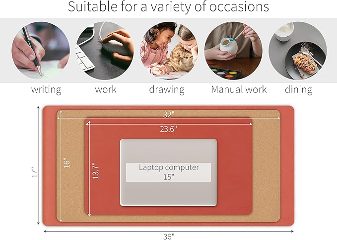 RENMTURE Dual-Sided Large Desk Pad, Faux Leather Natural Cork Mouse pad, Desk Accessories Protector, for Office and Home Work (Orange, 32"x16")
