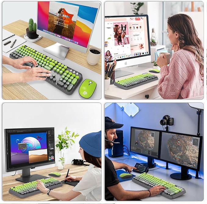 FOPETT Wireless Keyboard and Mouse Combo, 104 Keys Full-Sized 2.4 GHz Round Keycap Colorful Keyboards, USB Receiver Plug and Play, for Windows, Mac, PC, Laptop, Desktop (GradientMatchaGreen)