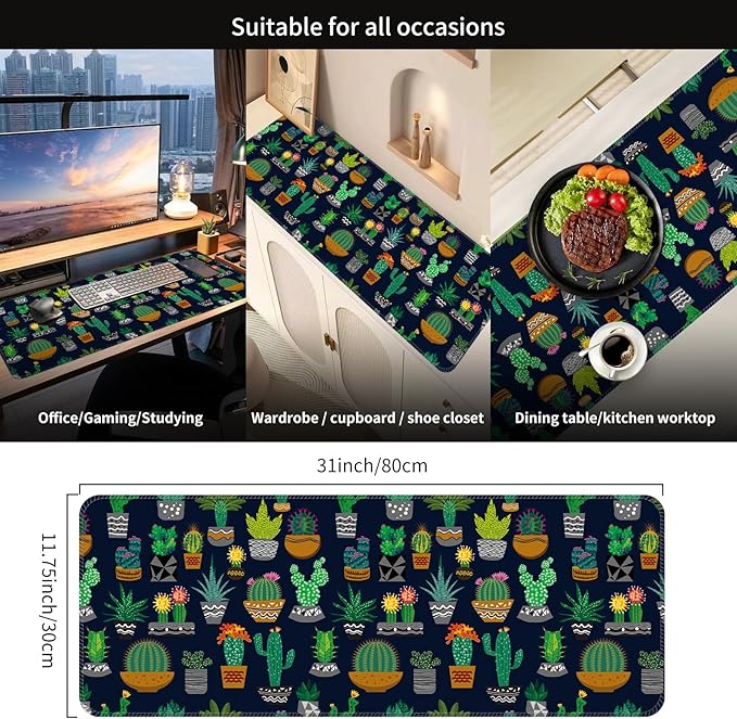 Desk Mat,Big Desk Pad,31.5 x 11.5in Extended Gaming Mouse Pad,Large Mouse Pad for Desk Rubber Base Mousepad with Stitched Edges,Keyboard Mouse Mat for Work Game Office Home - Cute Cactus