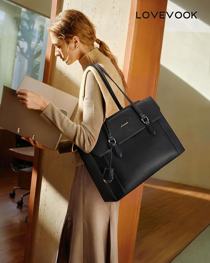 LOVEVOOK Laptop Tote Bag for Women,Computer Work Bag With Large Cup Holder,17.3 Inch Waterproof PU Leather Purse Briefcase for Teacher