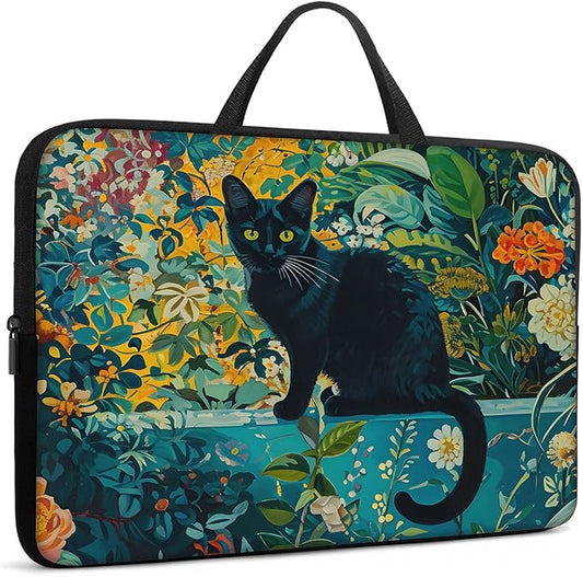 Laptop Sleeve Bag with Handle Computer Protective Soft Cover Case for 14 Inch 13 Inch Laptop,Black Cat Flowers