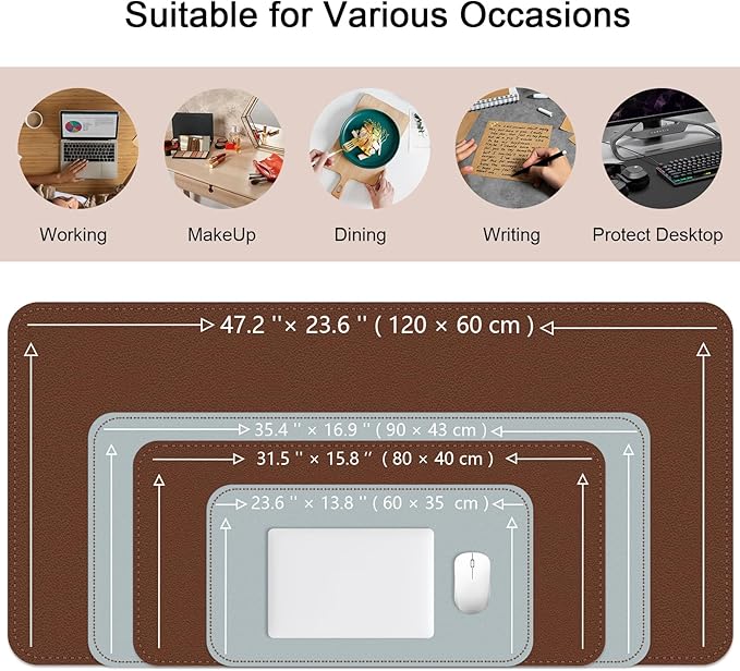 Double-Sided Office Desk Mat, Large Mouse Pad, Waterproof PU Leather Protective Pad, Laptop Desk Pad, Dual Use Cover Protector for Office/Home Keyboard (Brown+Grey, 31.5''×15.8'')