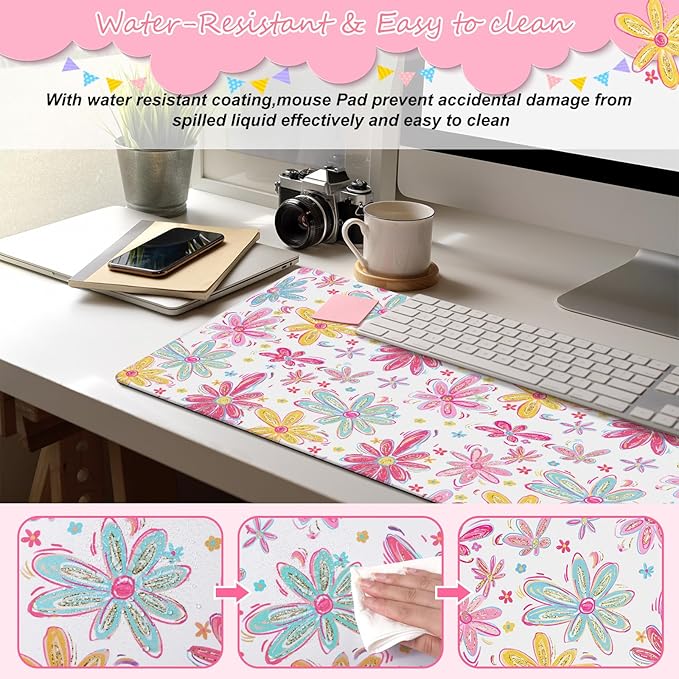 Remerry Colorful Floral Large Mouse Pad Pink Floral Desk Mat for Desktop Women Girls Flowers Waterproof Desk Pad PC Computer Laptop Protector Gaming Mouse Pads for School Office Home 31.5" x 15.7"
