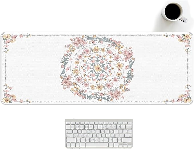 Boho Flroal Mouse Pad Pink and White Desk Mat, Spring Summer Mouse Pad for Desk Large, Boho Desktop Mats Aesthetic Computers Pads for Desk Office Dorm Women 31.5x11.8