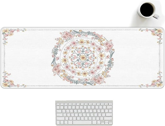 Boho Flroal Mouse Pad Pink and White Desk Mat, Spring Summer Mouse Pad for Desk Large, Boho Desktop Mats Aesthetic Computers Pads for Desk Office Dorm Women 31.5x11.8