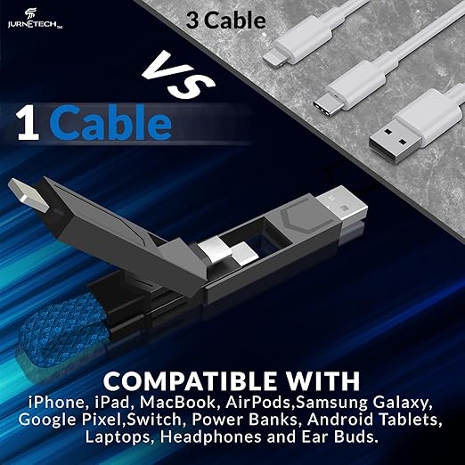 Magnetic 4 in 1 Multi Charging Cable with LED Display, Portable Keychain Charger, Lightning/Type C/USB A/USB C Ports for iPhone iPad Mac AirPods Samsung Google, (65W) Blue MFI Certified