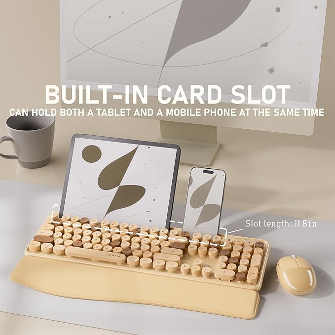UBOTIE Wireless Keyboard and Mouse Combo with Phone Holder Wrist Rest, Round Colorful Keys, Power Switches, 2.4GHz USB Receiver, Full-Size QWERTY Layout for PC Laptop(Milk-Tea)