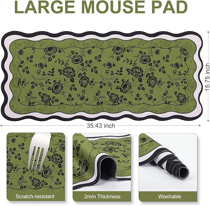 L-SPOUTTO Green Floral Mouse Pad,Aesthetic Desk Mat XXL Large Scalloped Gaming Mousepad,35.4x15.7in Non-Slip Keyboard Pad Waterproof Desktop Mat for Laptop Computer Work Game Office-Vintage Roses