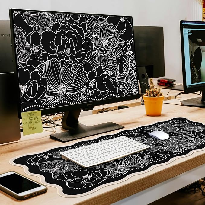 L-SPOUTTO Black Floral Mouse Pad,Vintage Aesthetic Scalloped Desk Mat XXL Large Gaming Mousepad,35.4x15.7in Non-Slip Keyboard Pad Waterproof Desktop Mat for Laptop Computer Work Game Home Office-Peony