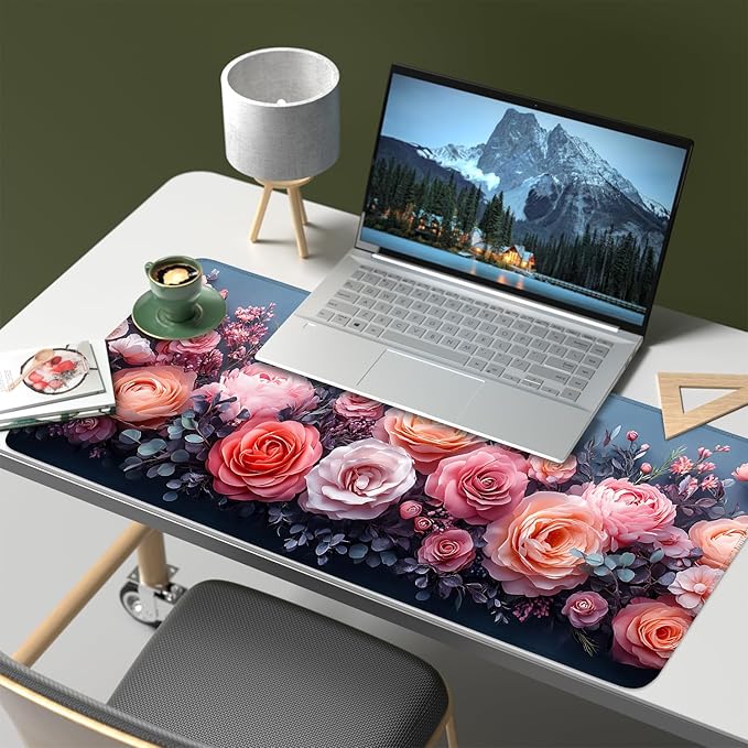Mouse Pad, Large Anti-Slip with Stitched Edges Desk Mat Desktop Laptop Computer Desk Keyboard Mat,Table Protector Blotter Mat (Pink Flower, 35.4" x 15.7")