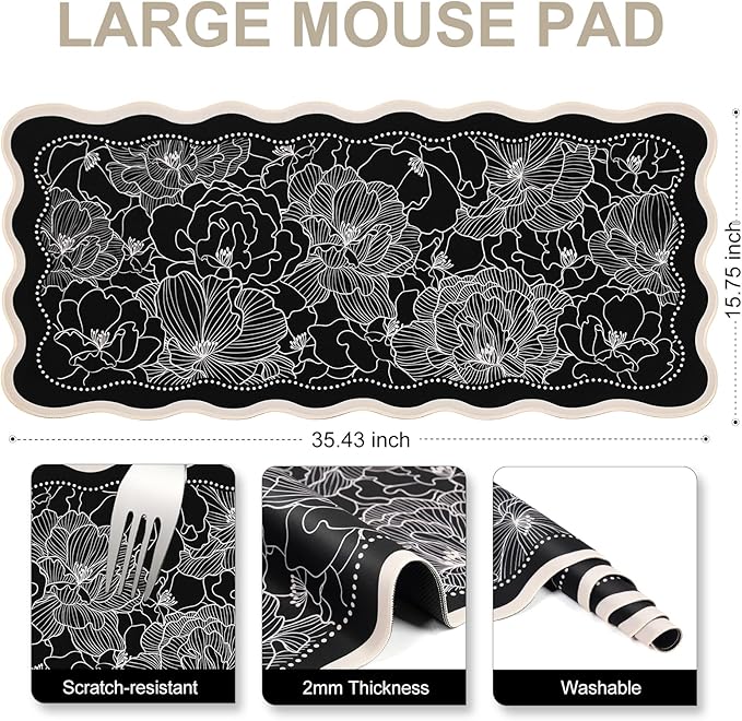 L-SPOUTTO Black Floral Mouse Pad,Vintage Aesthetic Scalloped Desk Mat XXL Large Gaming Mousepad,35.4x15.7in Non-Slip Keyboard Pad Waterproof Desktop Mat for Laptop Computer Work Game Home Office-Peony